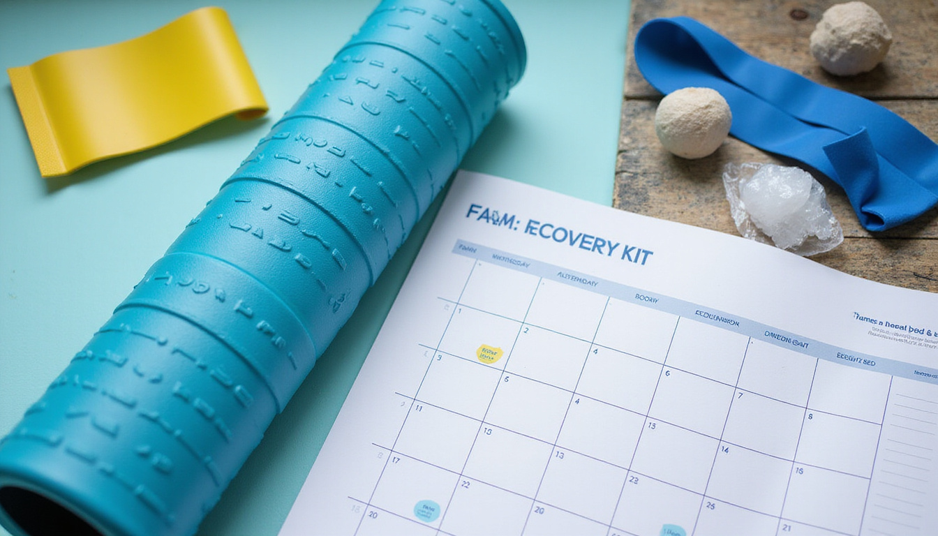  Flat lay of recovery kit foam roller, resistance band, ice pack, calendar plan, bright natural light
