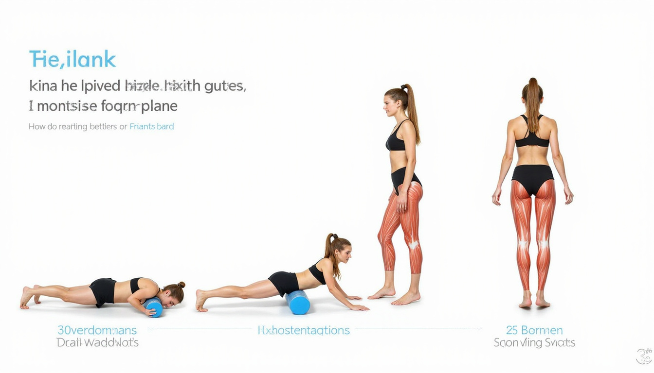  Illustrated sequence of foam roller moves targeting glutes, calves, hips, highlighted muscle anatomy, minimalist