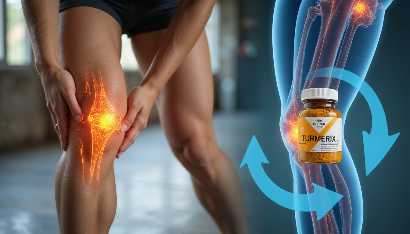  Close-up athlete knee with anatomical overlay, turmeric and omega-3 bottles, mobility arrows