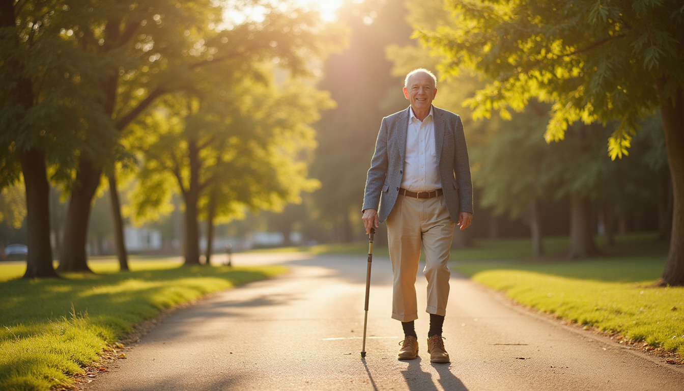  veteran walking confidently on sunlit park path, ankle brace, joyful expression, regained mobility
