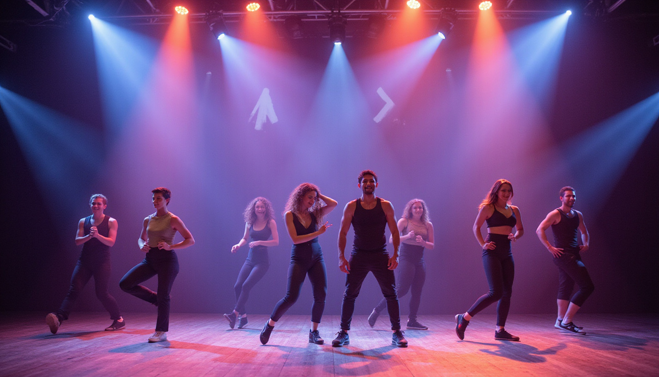  Stage performance, synchronized dancers smiling, glowing spotlights, graphic arrows highlighting modified footwork and rhythm