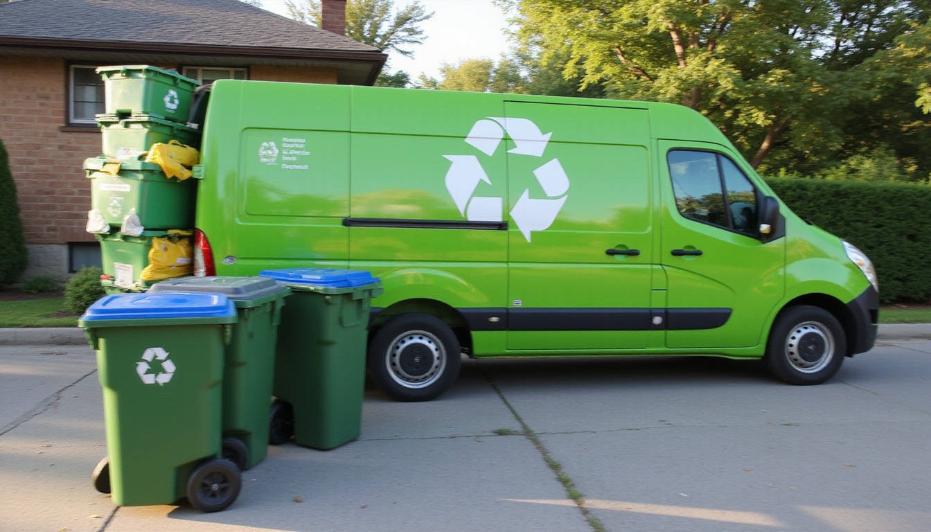  Eco-friendly hauling van parked near Toronto home, neatly stacked recycling bins, motion blur