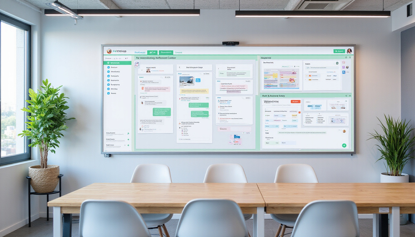Bright modern office with organized workflow boards, automated chatbots, efficiency icons, doubled leads celebration