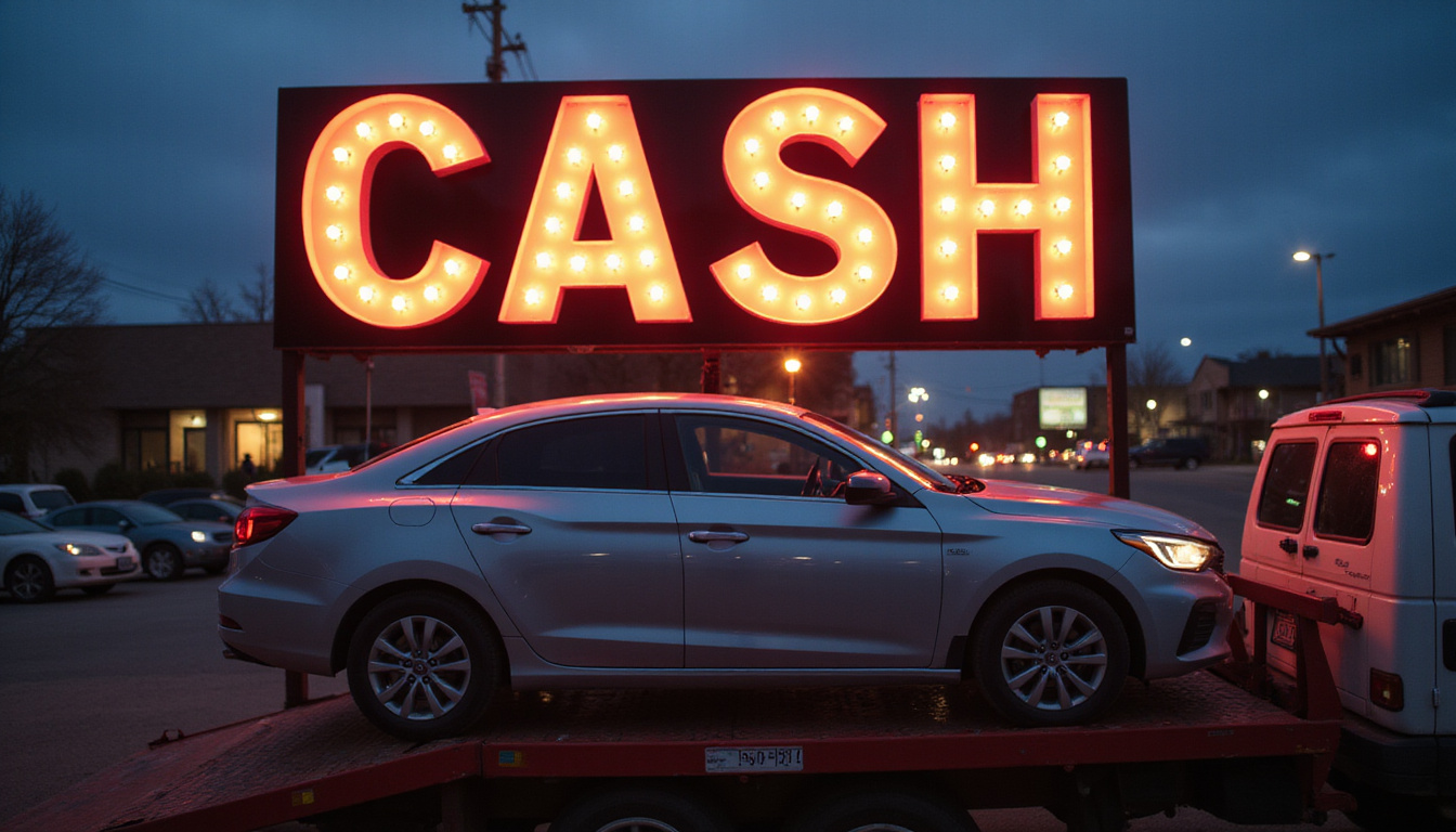  Top cash sign glowing above car being winched onto flatbed, crisp high contrast commercial