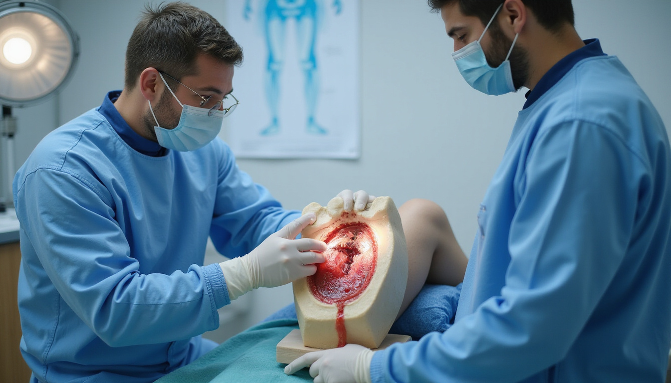  Surgeon demonstrating arthroscopic meniscus repair model to patient, bright clinic, educational poster