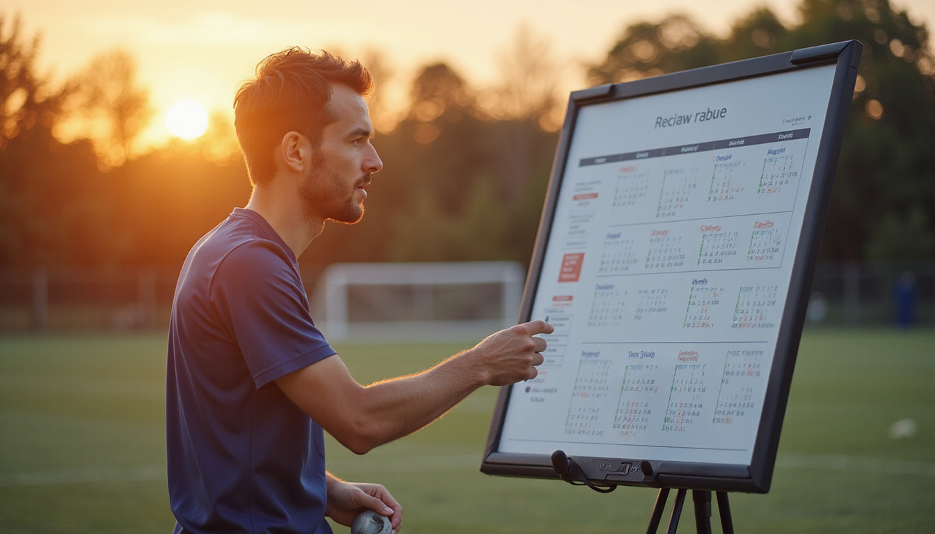  Coach reviewing periodized training calendar with player, dynamic motion blur, warm sunrise light