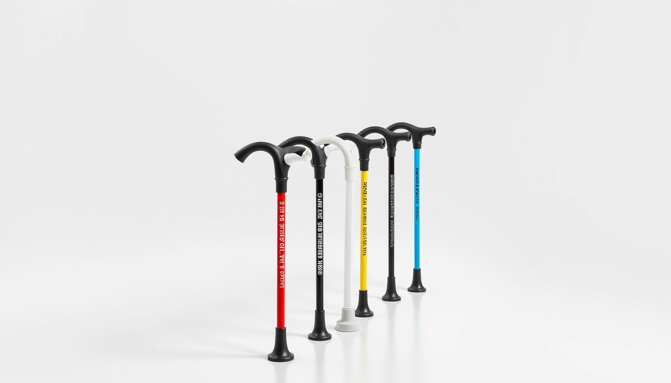  Clean modern display of quad canes, various colors, ergonomic handles, height markings, safety icons