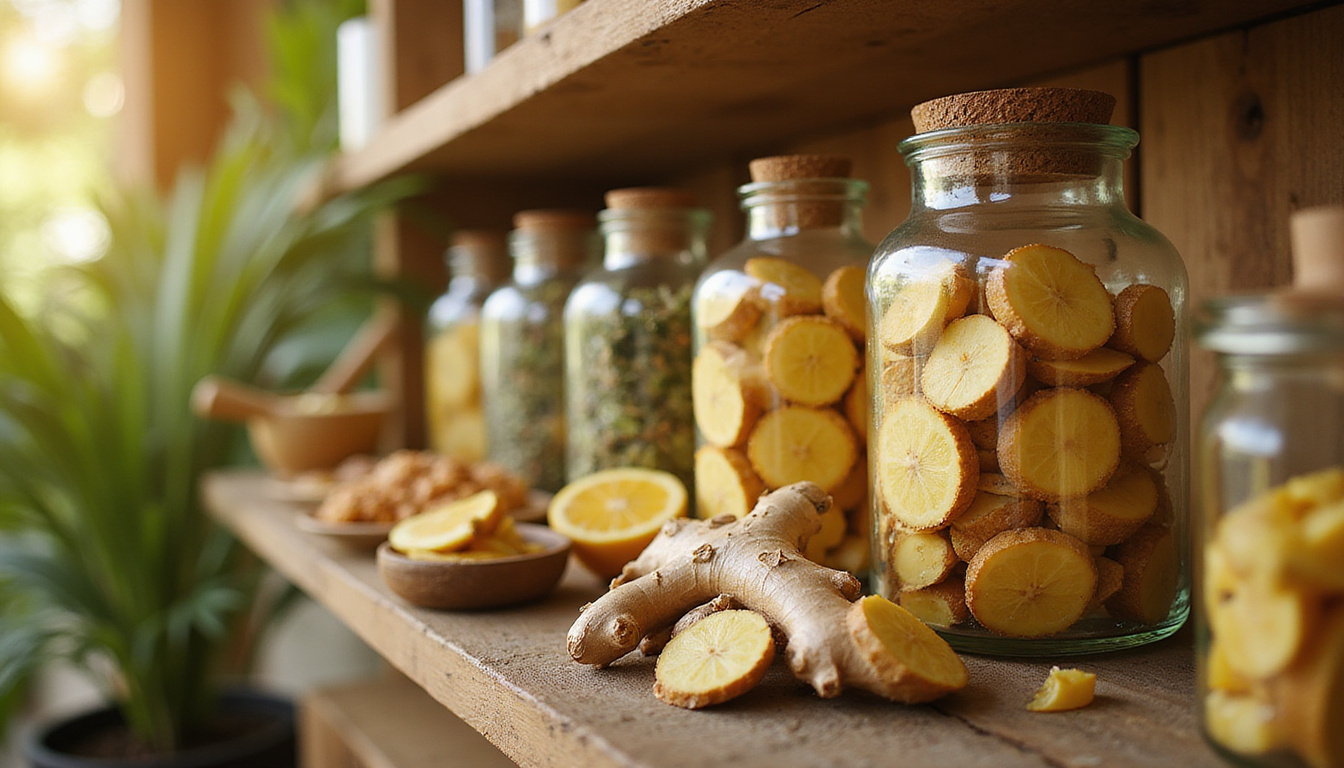  Herbal apothecary shelf, jars of ginger slices, mortar, soft bokeh, warm golden tones