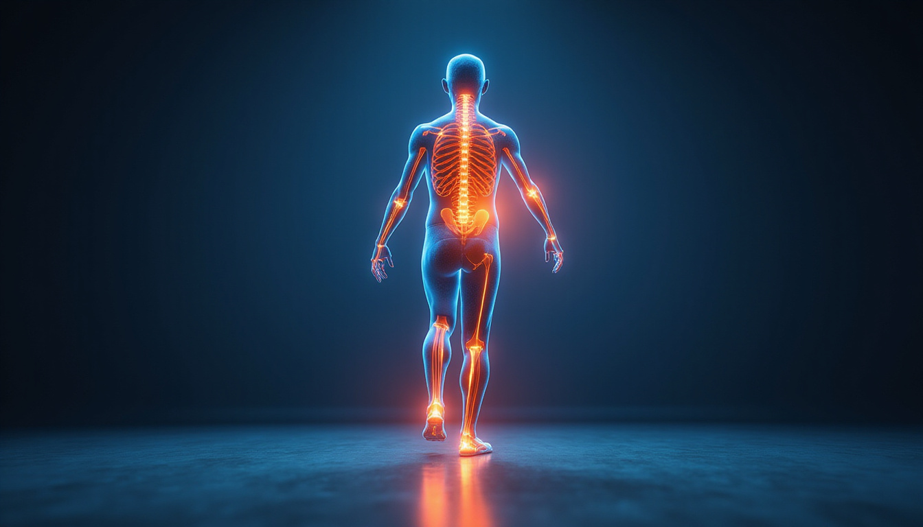  Rehabilitation scene: glowing anatomical overlay, reduced pain rays, supportive neoprene wrap, confident stride