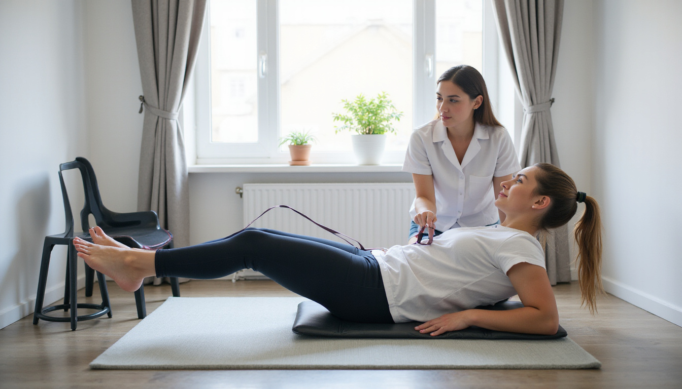  patient performing straight-leg raises with therapist, resistance band, bright clinic, reassuring guidance