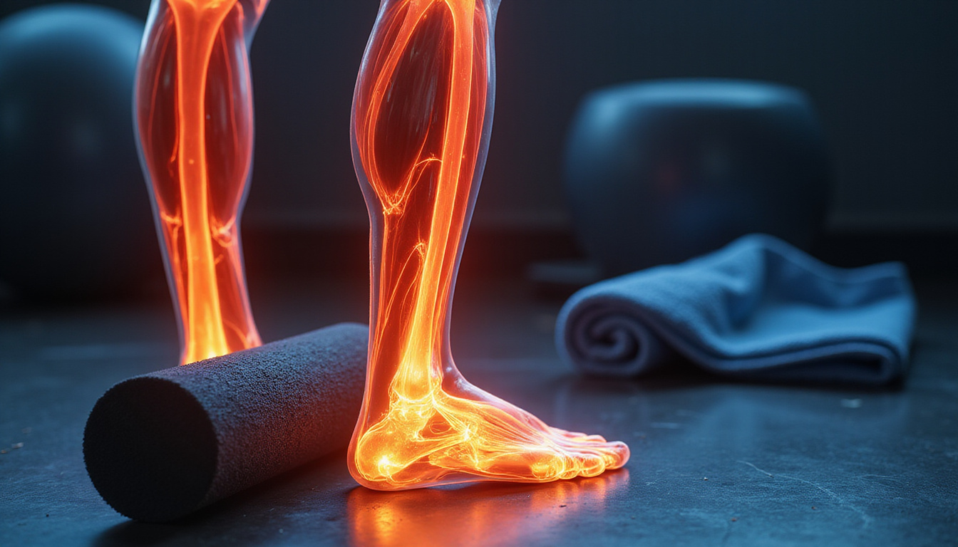  Close-up anatomical overlay of calf muscles and tendons glowing, foam roller and towel nearby