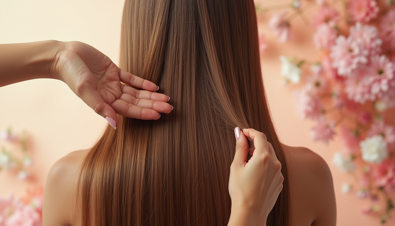  Close-up of hands applying nourishing hair oil to long glossy waves, floral studio backdrop, calm