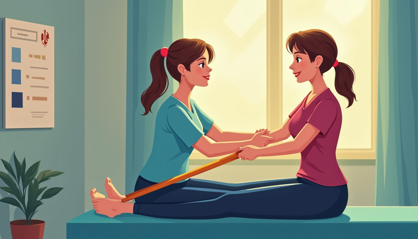  Patient doing guided non-surgical rehab, therapist-assisted exercises with resistance band, progress chart, warm optimistic lighting
