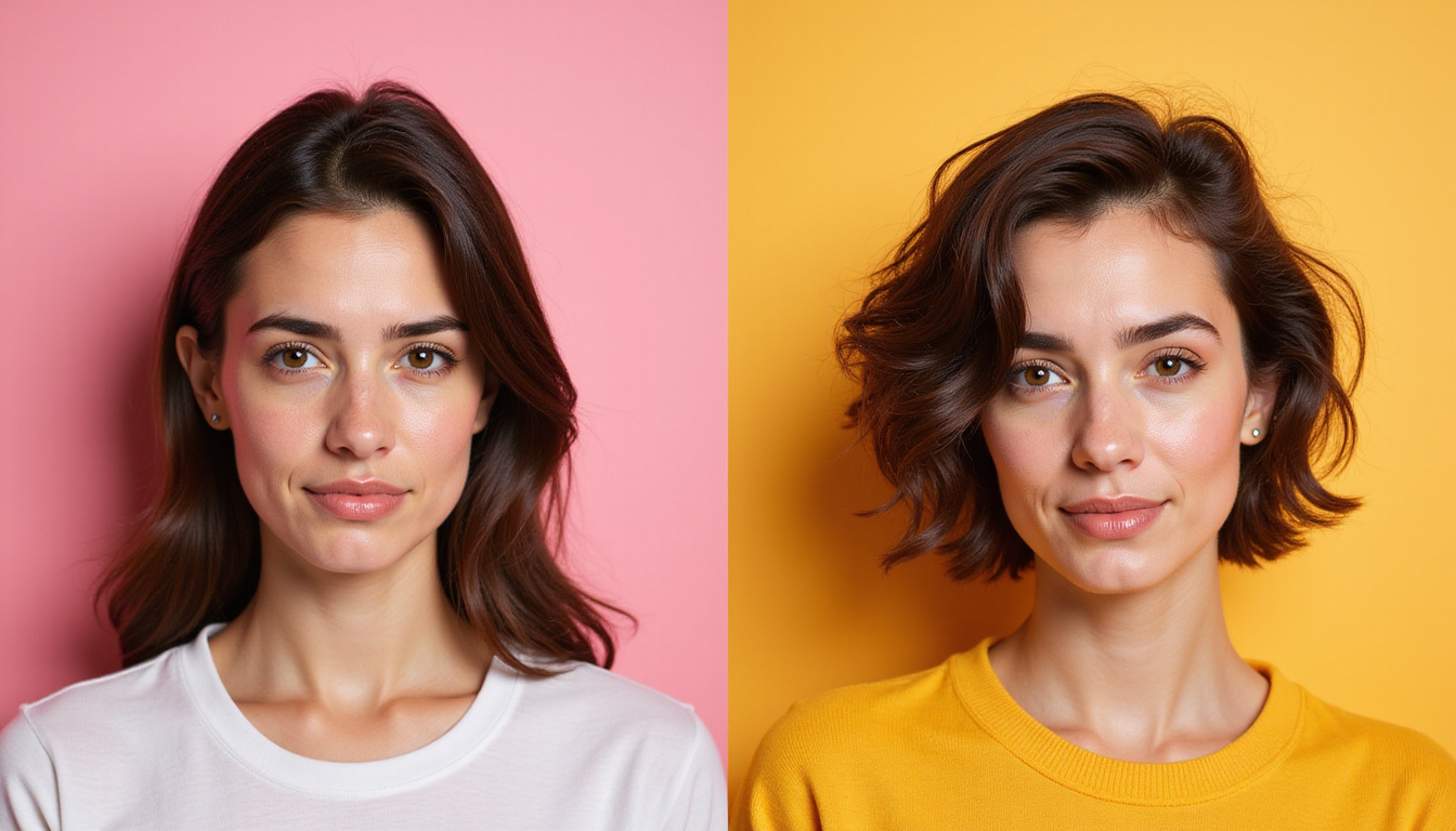  Energetic before-and-after portrait: stressed woman, sparse hair to lush regrowth, warm hopeful tones
