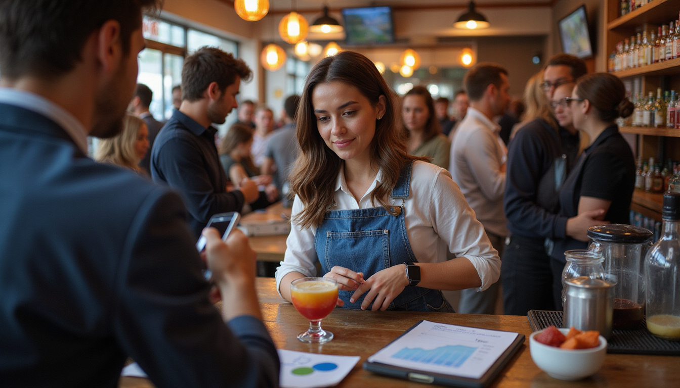 Energetic crowd, bartenders serving signature cocktails, loyalty app scanning, upward revenue graphs overlay