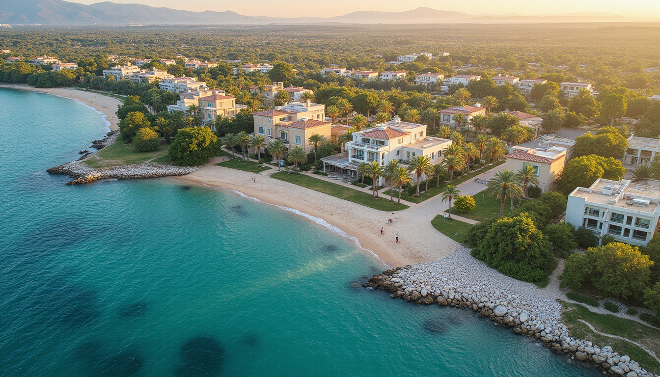 Aerial view Mediterranean-style villa cluster, palm-lined promenade, turquoise waters, serene golden light