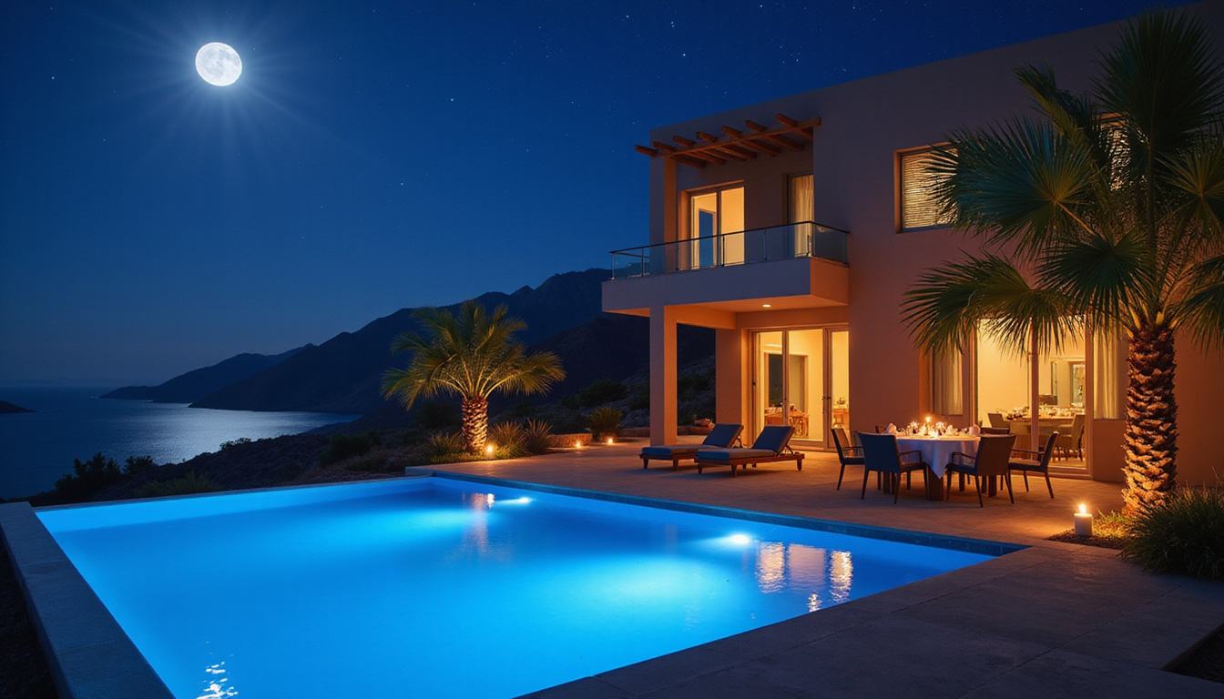 Moonlit Red Sea villa, infinity pool, candlelit dinner on deck, palm silhouettes, stars