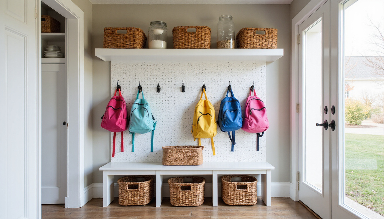  Cozy farmhouse mudroom featuring pegboard, wicker baskets, mud-friendly bench, hooks, kids