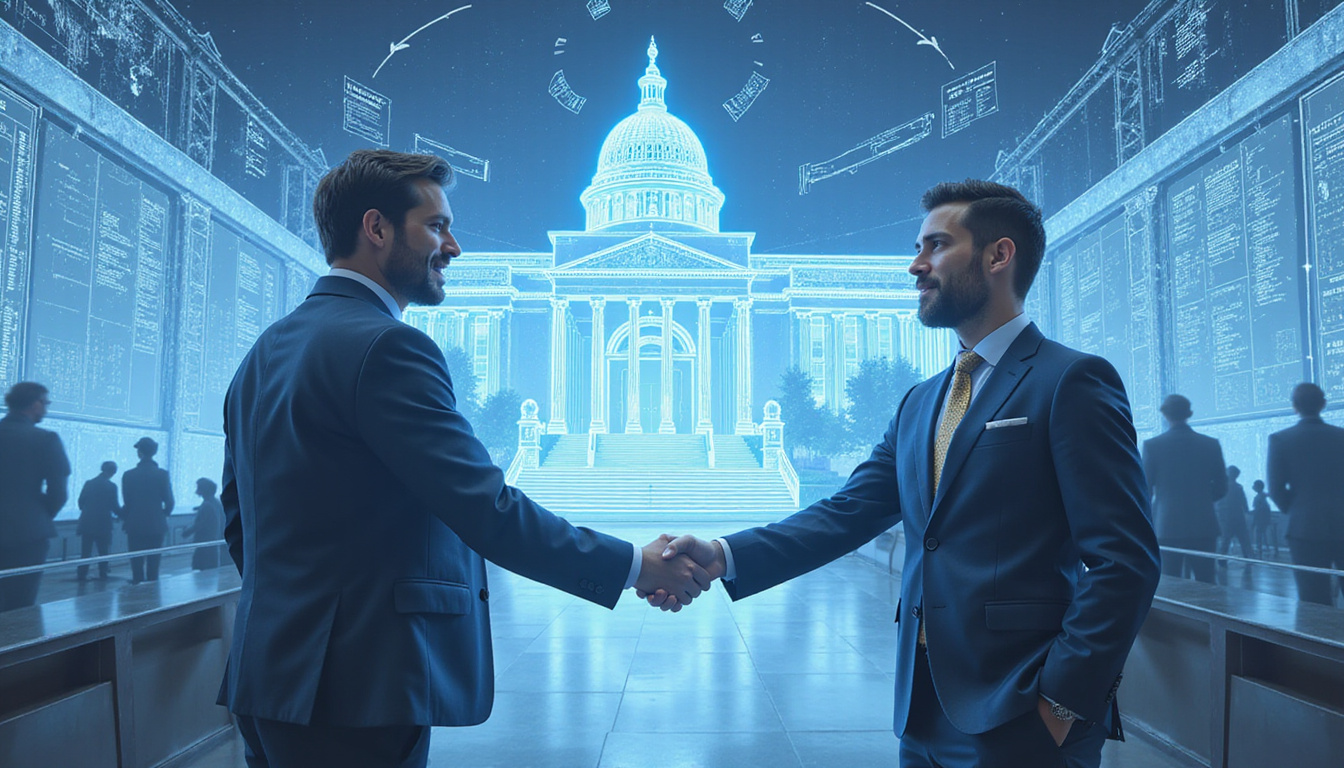  Small business consultant celebrating award handshake under courthouse dome, GovScout dashboard hologram, strategic blueprint