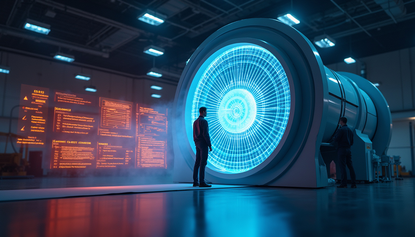  High-tech wind tunnel model, glowing balance points, engineers analyzing performance holograms, sleek design