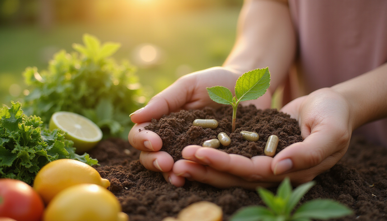 Hands gently cradling stomach like a garden, planting probiotic capsules among fiber-rich foods, warm sunlight