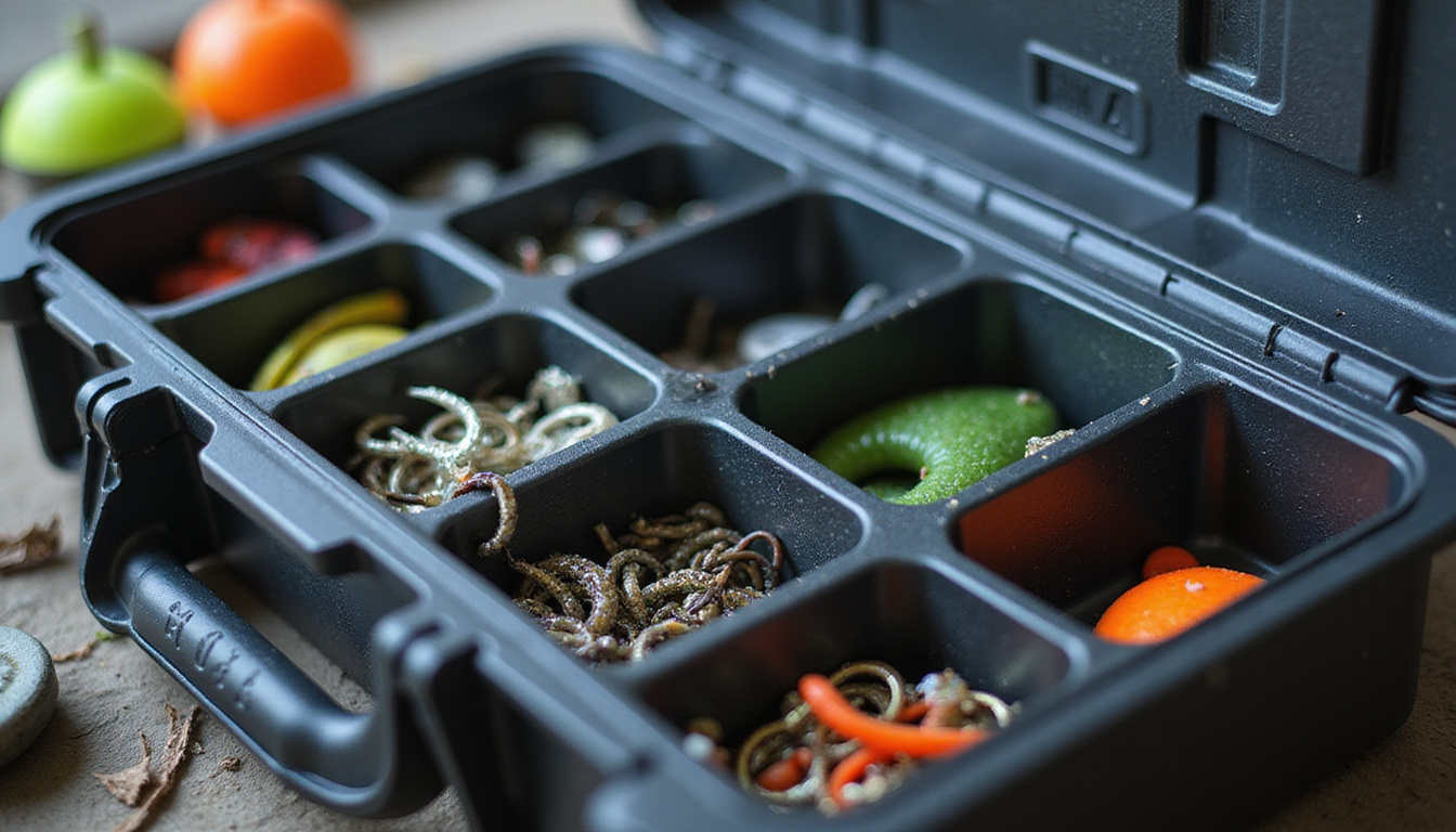 Close-up tactical tackle box open with labeled compartments, dew-covered hooks and precision lures
