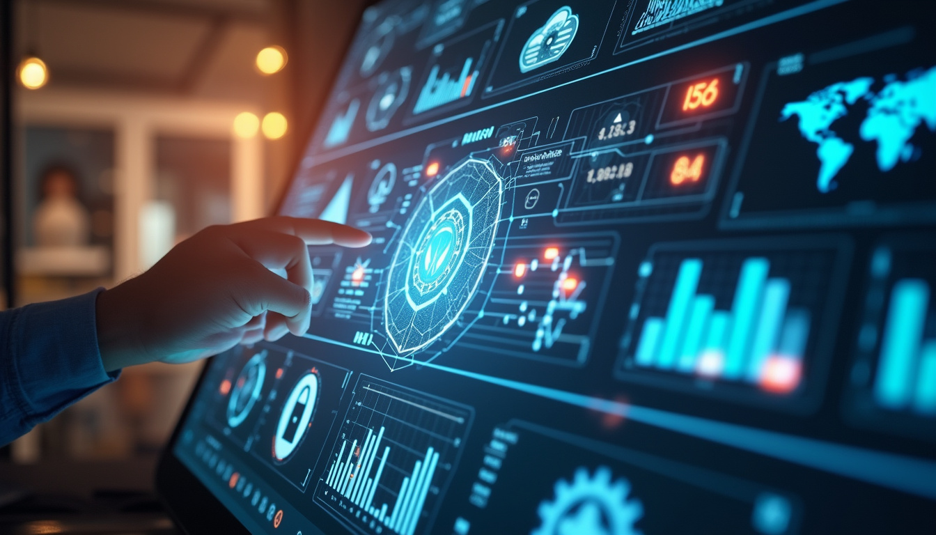 Collaborative dashboard holograms, diverse professionals, encrypted data streams, efficiency icons, warm cinematic lighting
