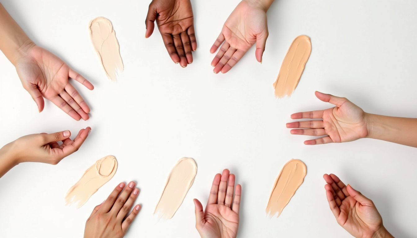  Diverse hands testing cream textures, skin swatches, suitability charts, minimalist white background