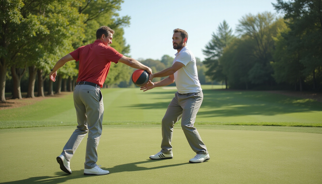 Coach guiding student using medicine ball rotational throw, split-step, dynamic power transfer, green fairway