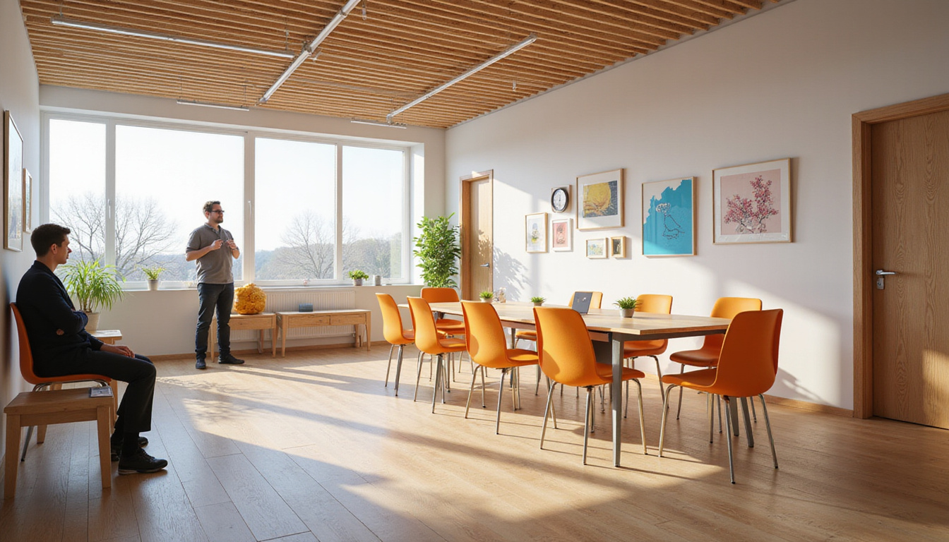  Accessible seating layout, laminated visuals, sign language interpreter, warm natural light, calm focused atmosphere