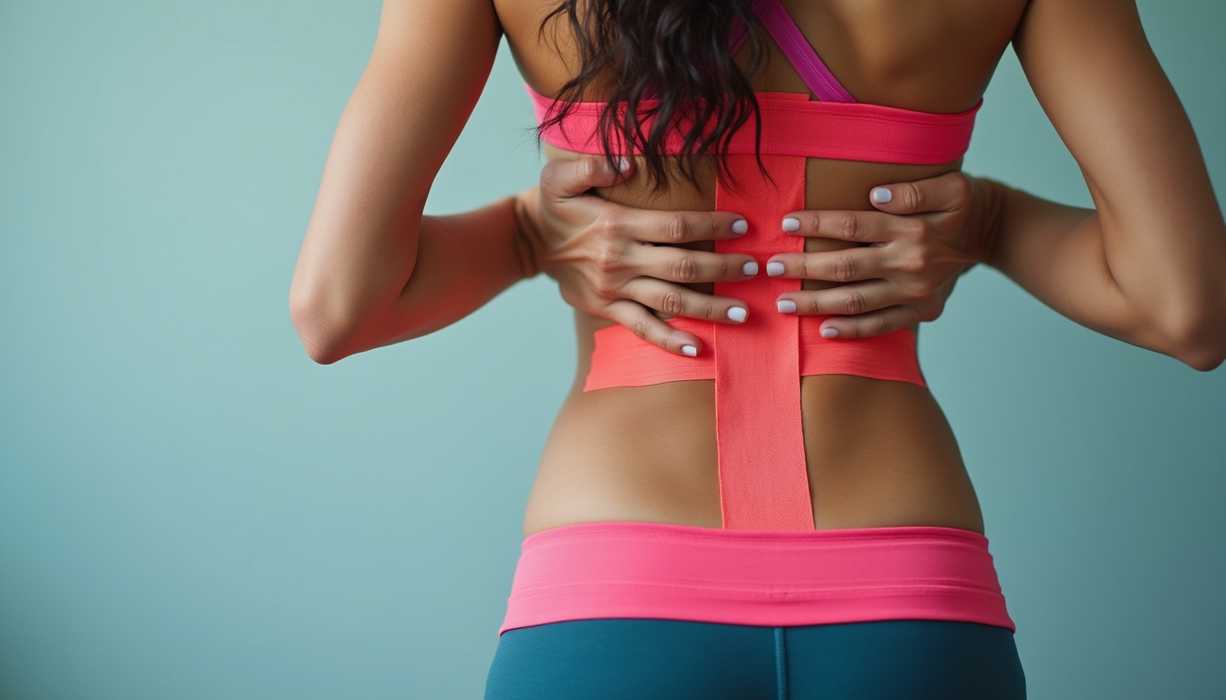  Close-up of taped lower back, hands applying kinesiology tape, calm clinical setting, high-detail