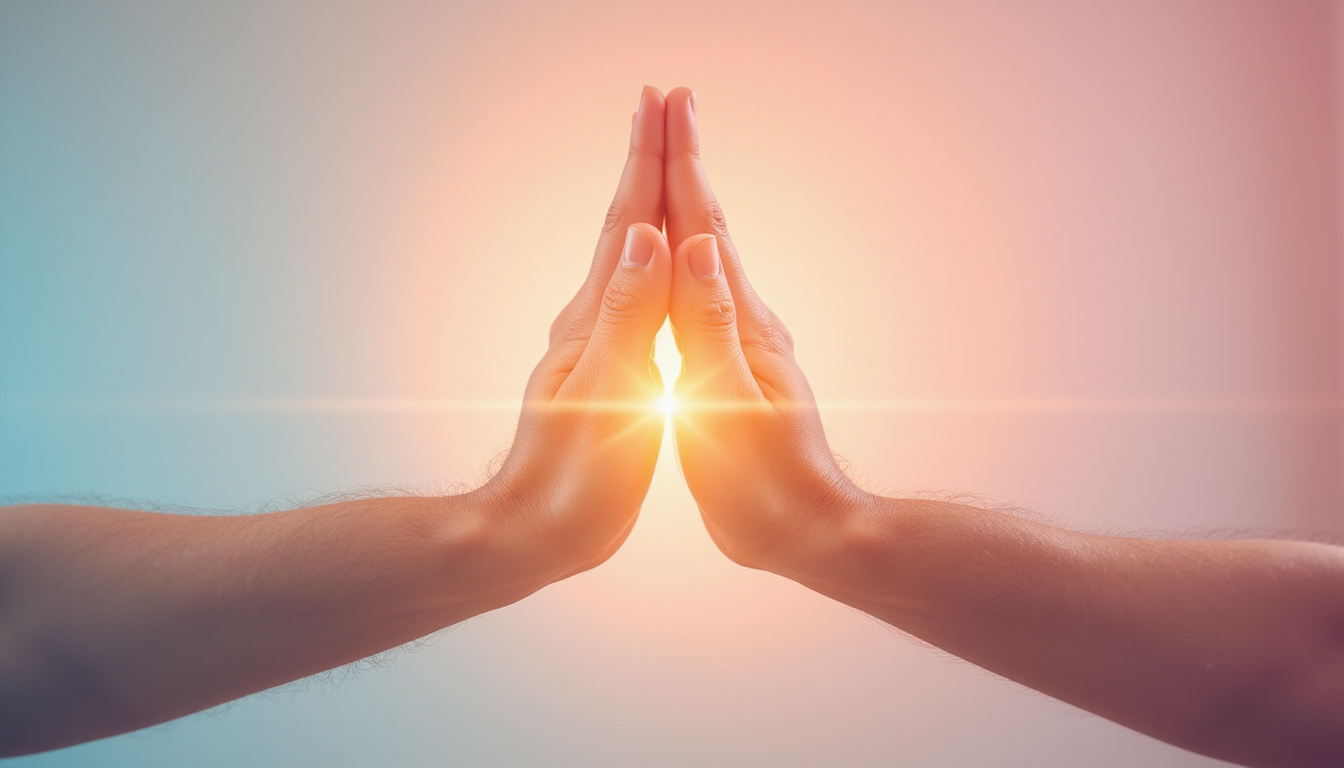  Close-up hands demonstrating prayer and wrist-flex pose, glowing median nerve overlay, pastel therapeutic background