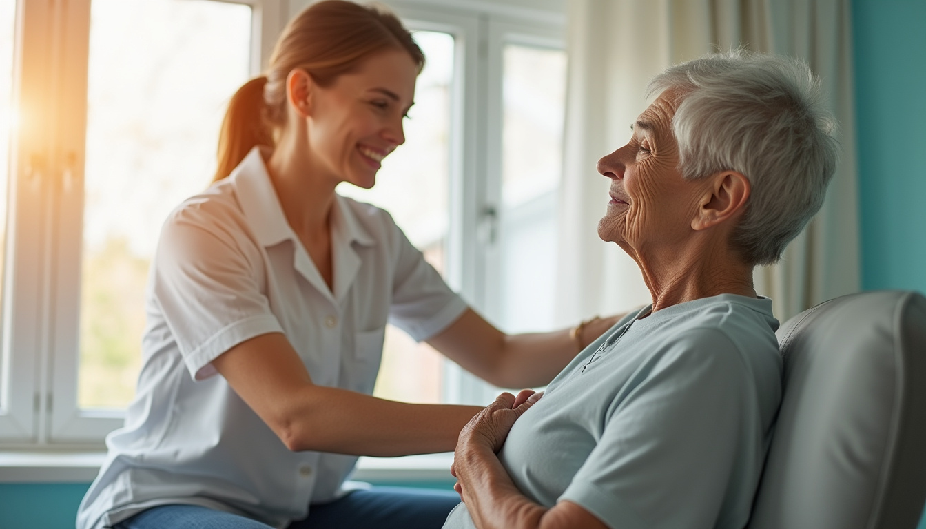  Physical therapist guiding senior through pelvic tilt exercise, warm light, relaxed expression, spine alignment