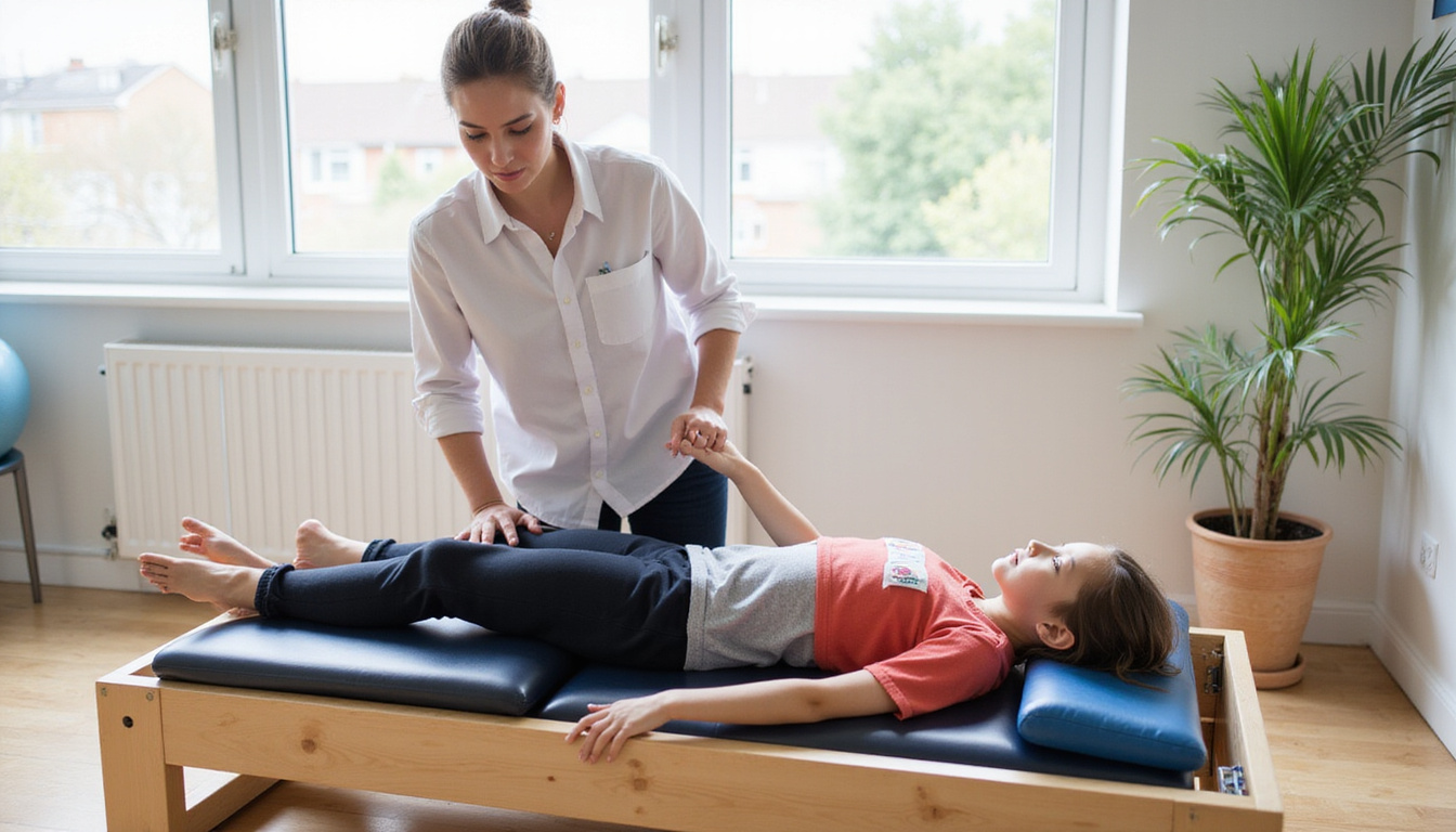  Physiotherapist guiding teen on reformer, alignment lines, soft light, supportive props, calm focus