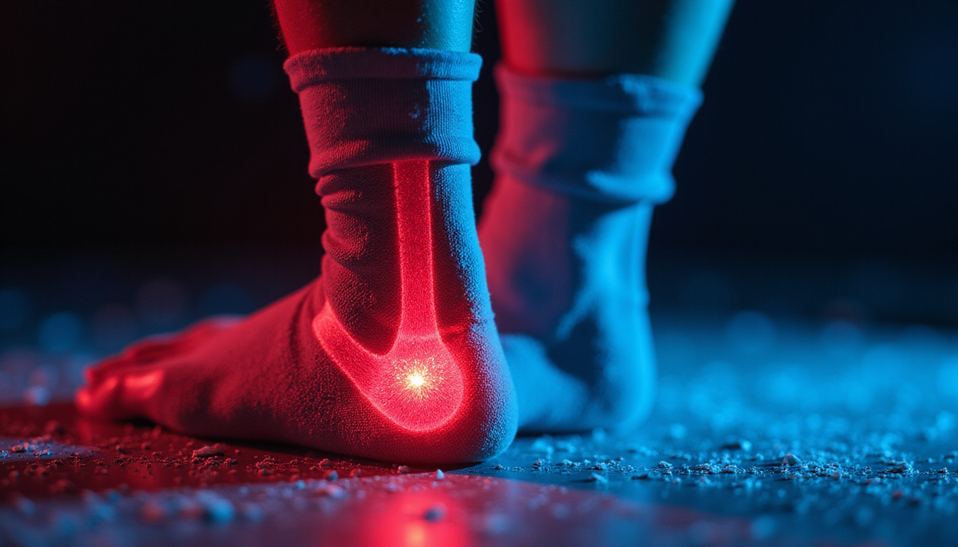  Close-up of ankle with glowing red tendon transitioning to cool blue relief, ice pack, compression sleeve
