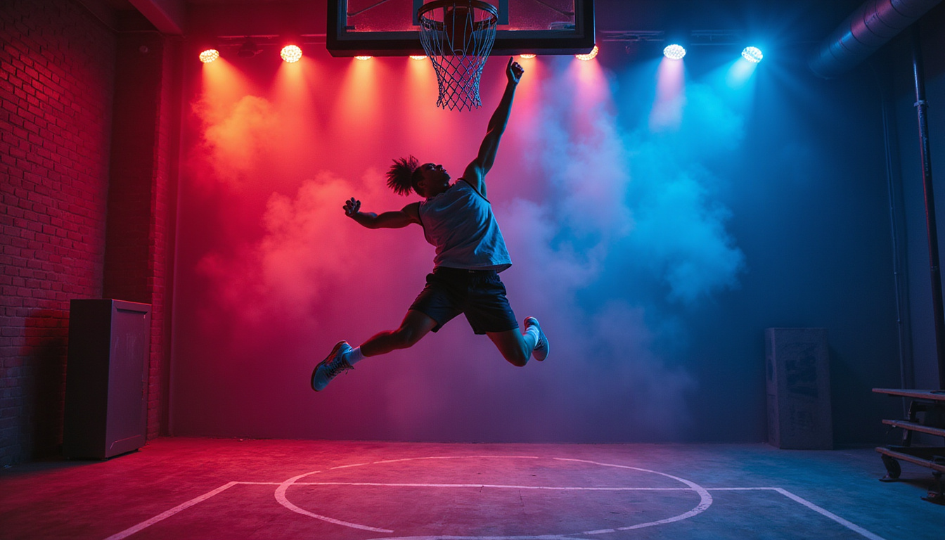  Explosive vertical leap mid-air, player reaching for rim, resistance band training, dramatic studio lighting
