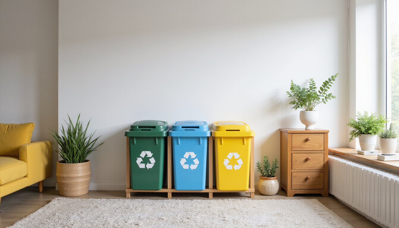  Minimalist living room, multiuse furniture, compact recycling bins, before-and-after transformation, bright natural light