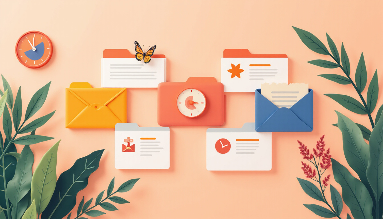  Notifications transforming into organized folders and butterflies, warm tones, plant, timer, serene smile