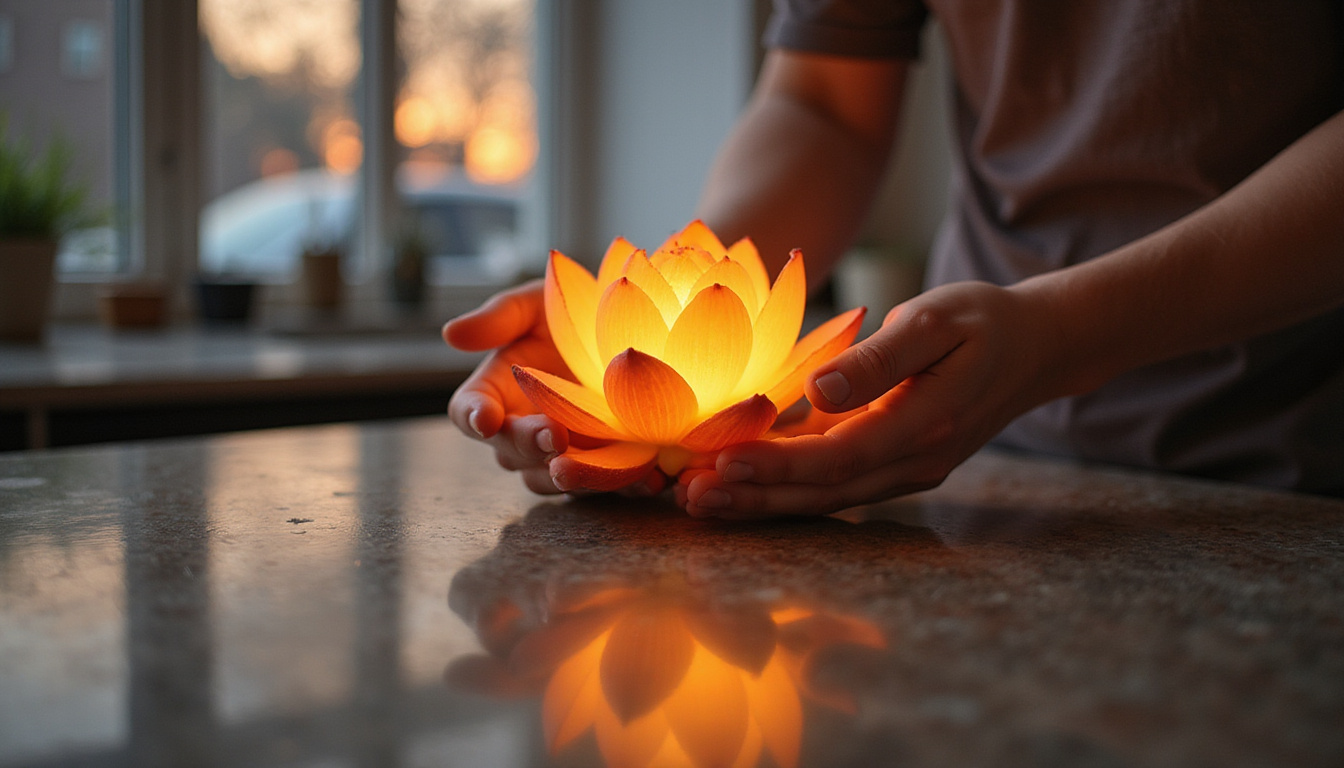  City kitchen table at dawn, ordinary hands shaping glowing lotus of wisdom, serene transformation