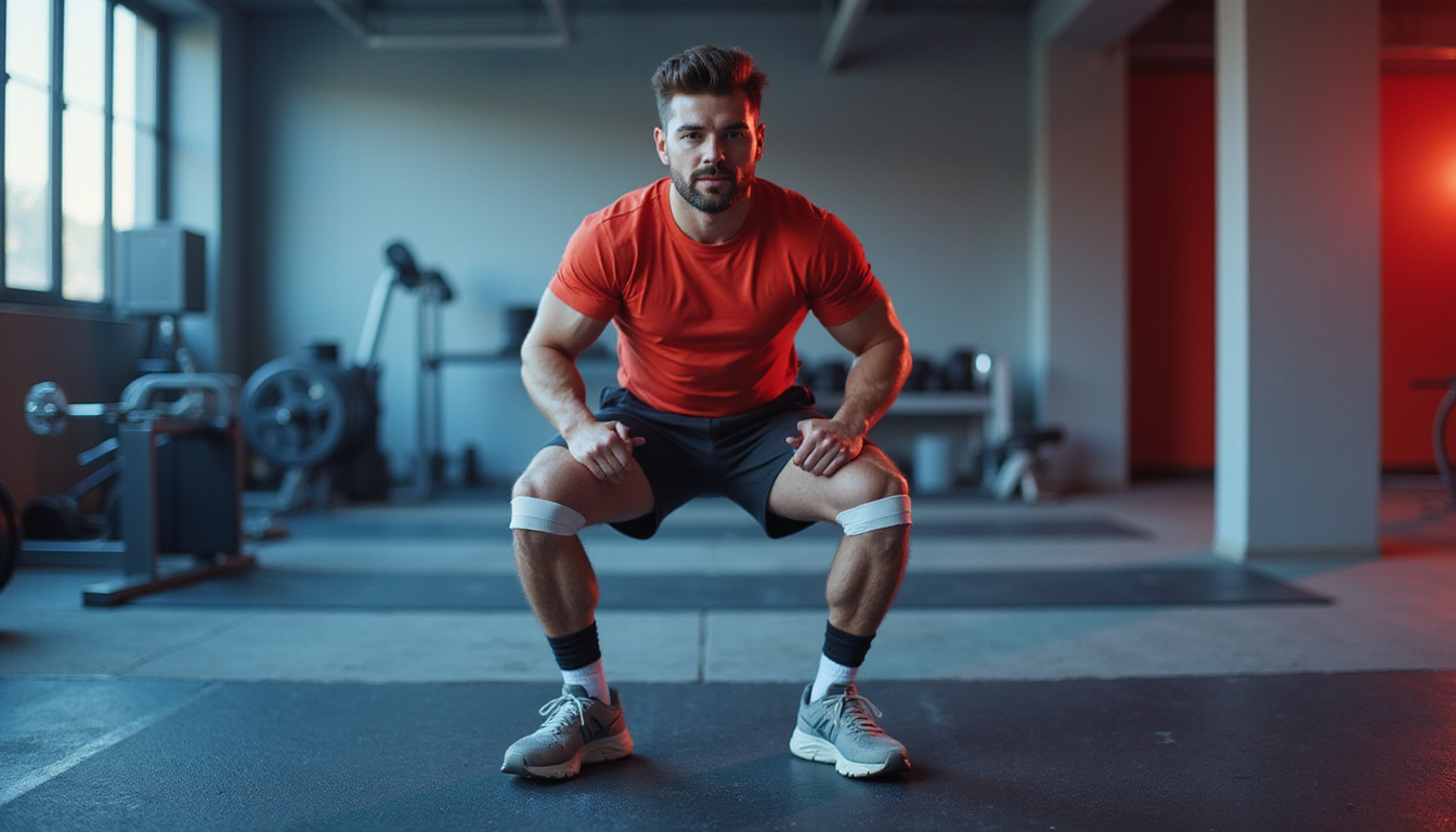  Athlete performing single-leg squat with white tape stabilizing patella, motion blur, anatomical overlay