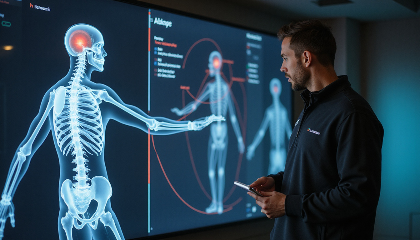  Coach analyzing biomechanics with digital skeleton overlay, slow-motion trajectory lines, focused athlete