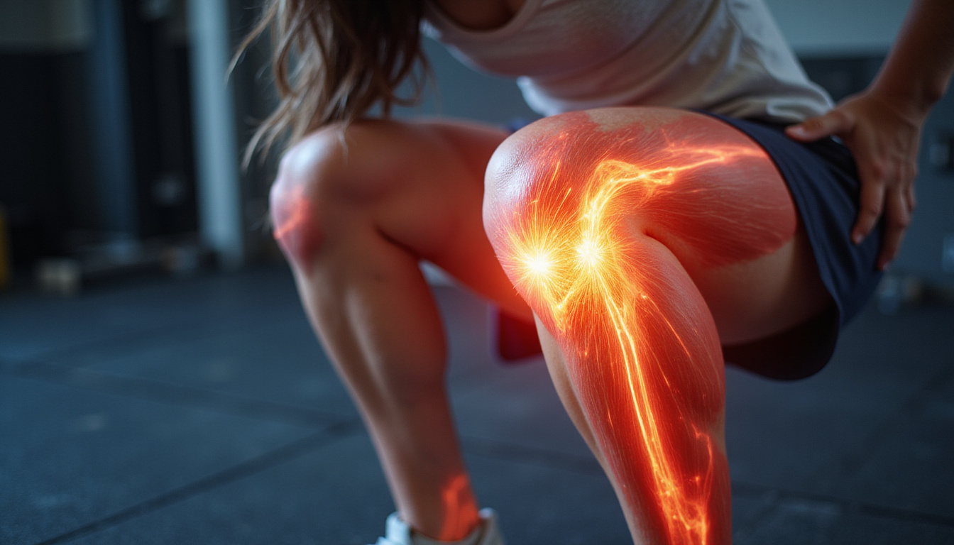  Close-up of healed knee performing deep squat, motion blur, translucent muscle overlay, hopeful expression