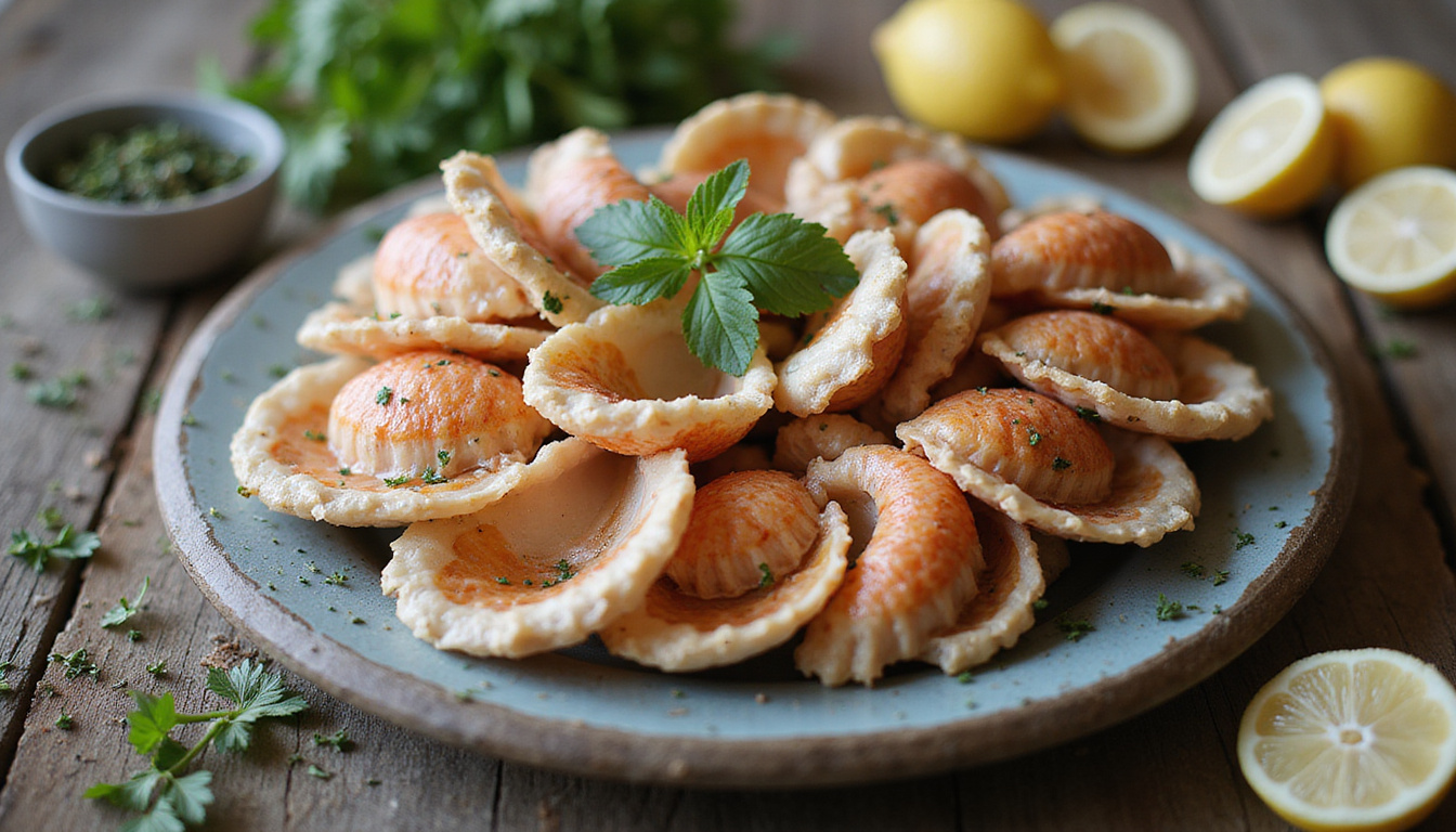  Close-up of shellfish, collagen-rich bones, herbs on rustic table, soft natural lighting