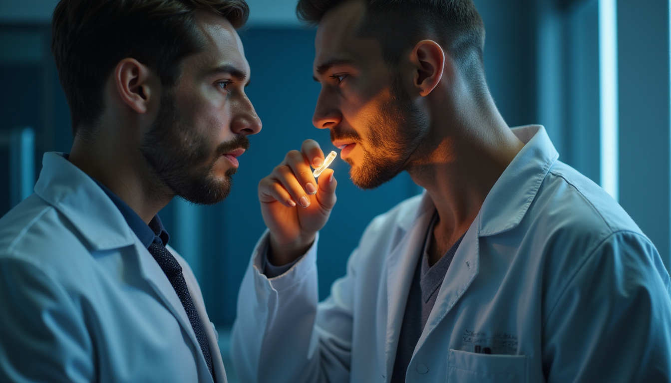  Silent doctor in coat whispering to patient, herbal capsules and bone joint hologram glowing