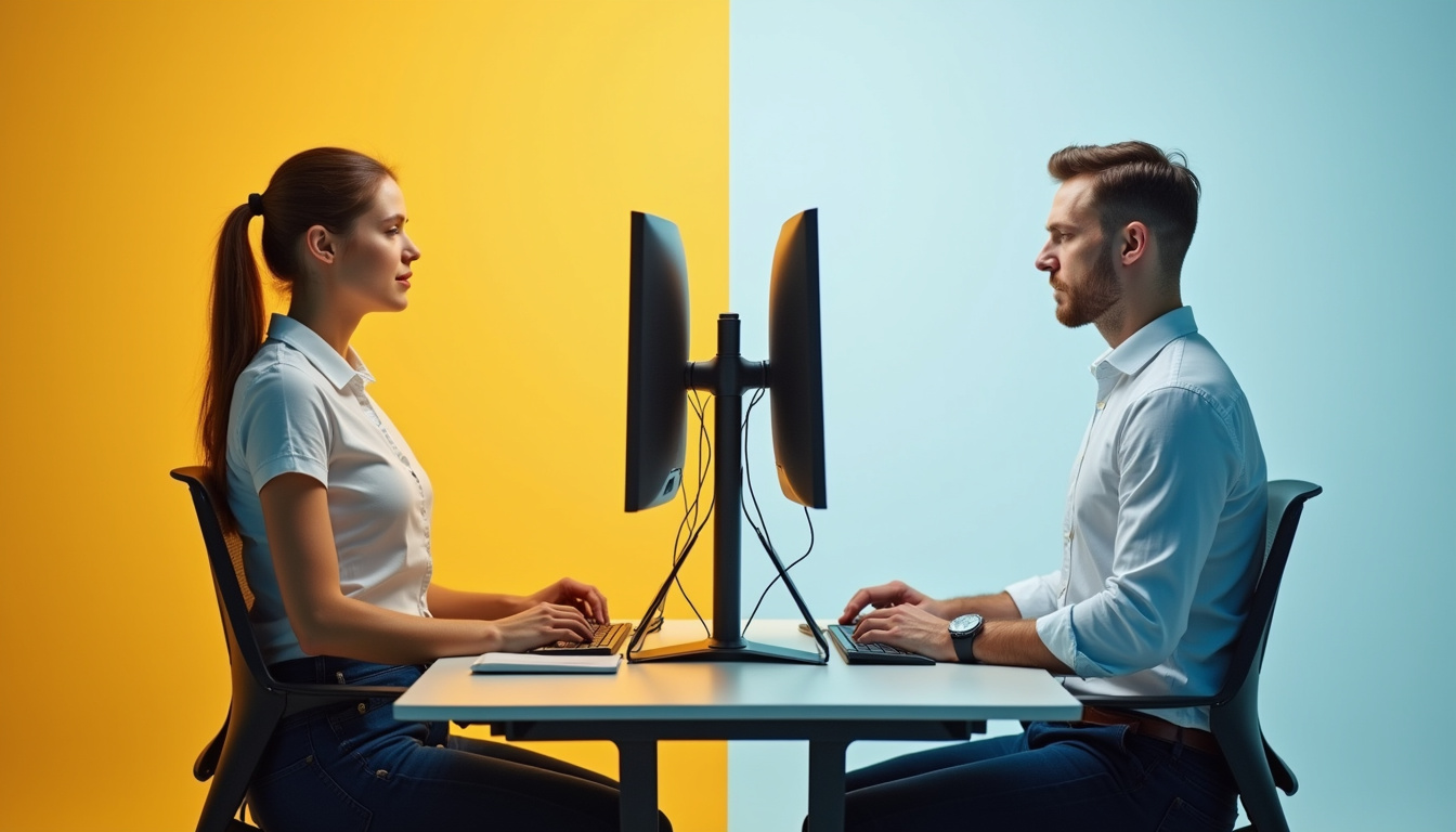  Split-screen before-and-after posture correction, spine alignment grid, focused creative worker at desk