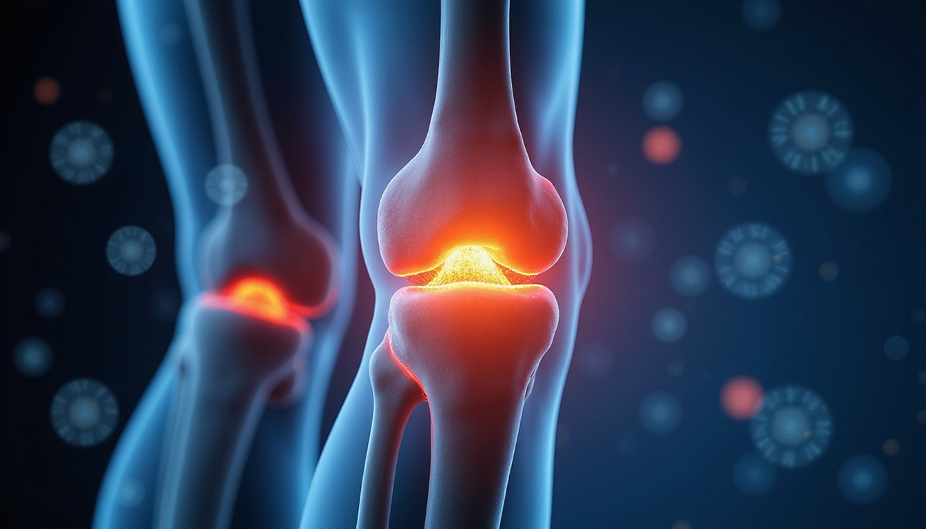  Macro medical illustration of healthy knee joint, cartilage regeneration glowing, non-surgical treatment icons surrounding