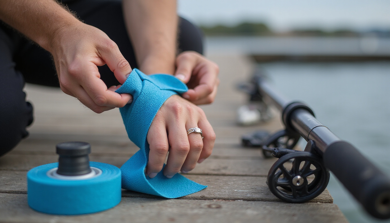  Close-up hands wrapping kinesiology tape around wrist beside tackle box and ergonomic rod on dock