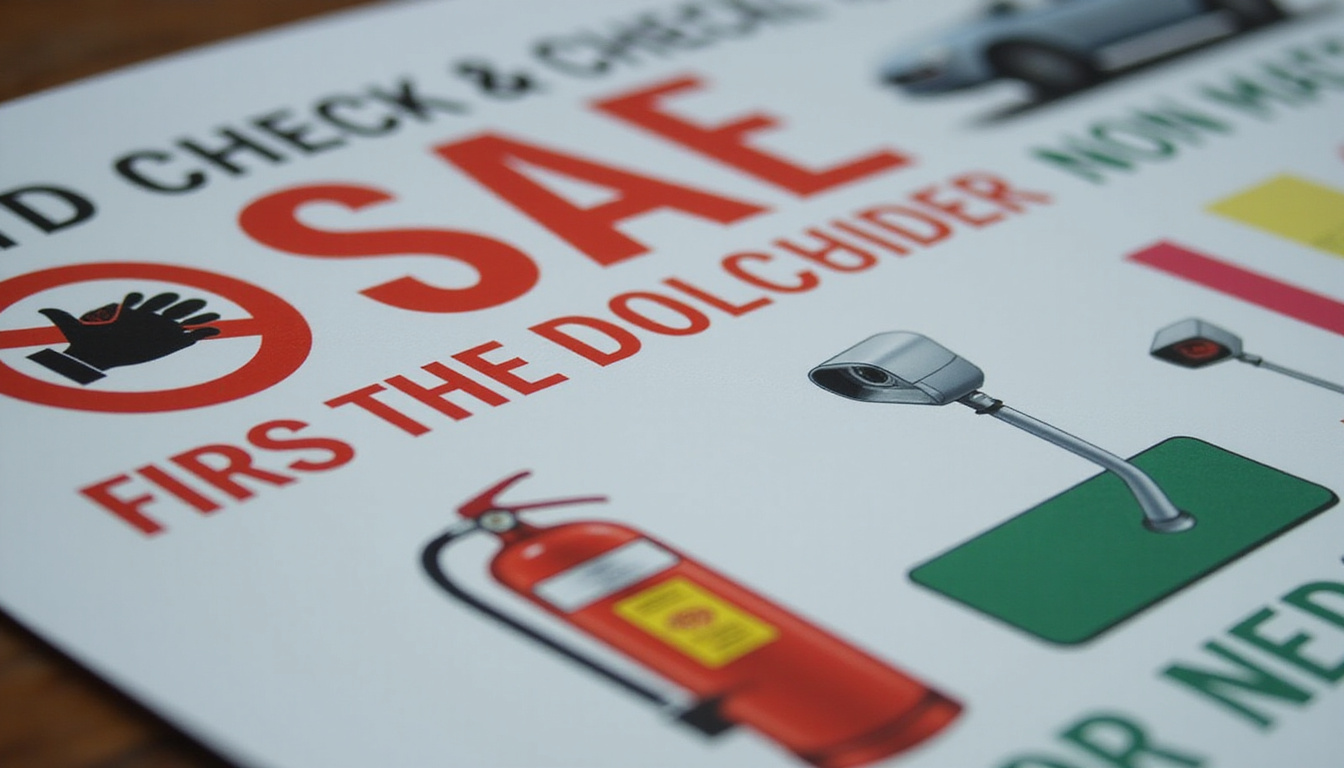  Cinematic close-up of safety poster: ID checks, fire extinguisher, non-slip mats, CCTV, bold typography
