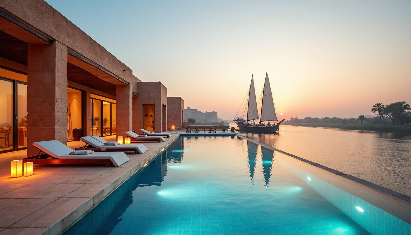  Private infinity pool beside sandstone villa, felucca sails on Nile, luxury lanterns