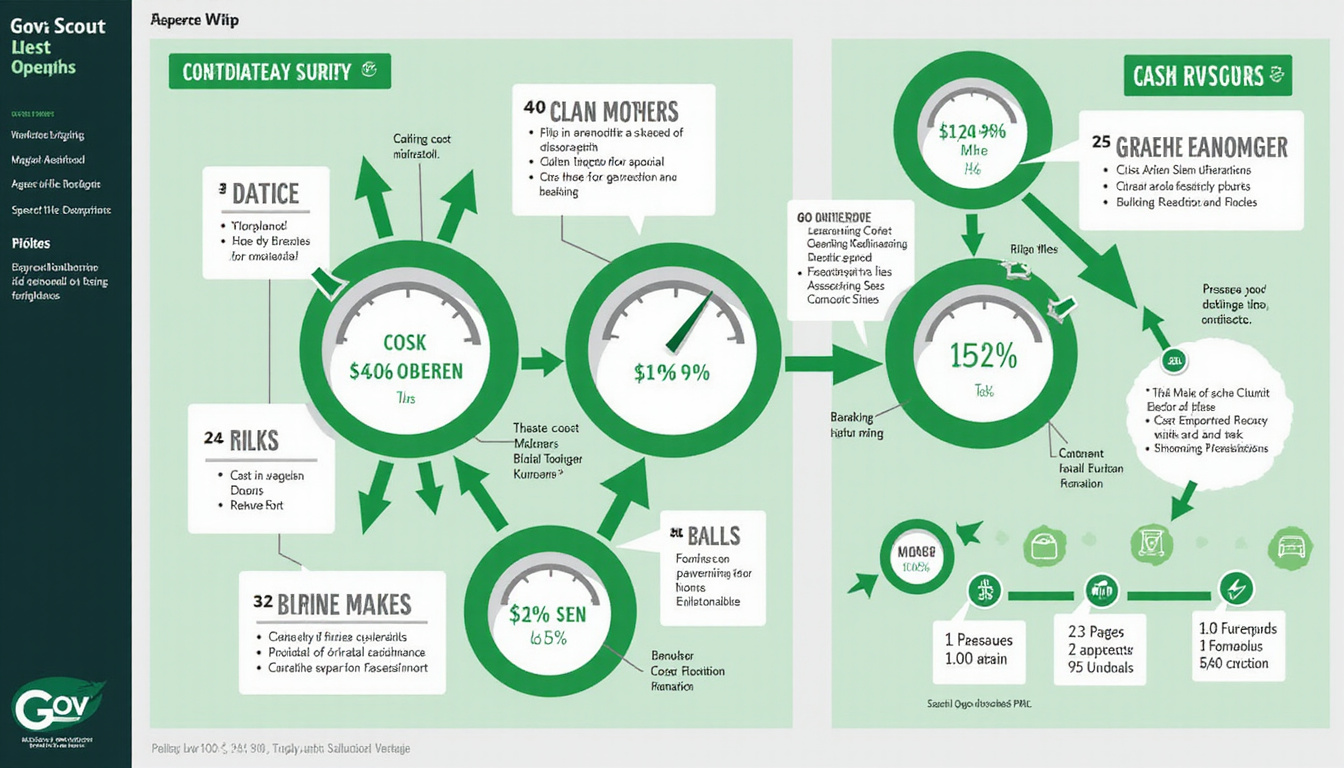  Infographic-style dashboard showing cost accounting flow, risk meters green, GovScout logo, patriotic color palette